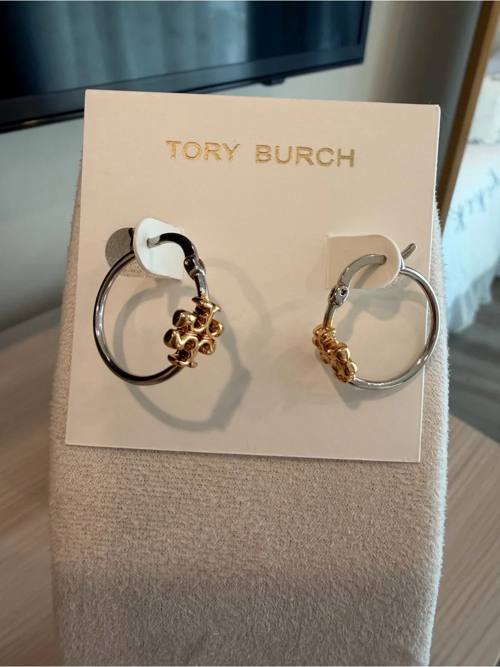 Tory Burch Two-Tone Rose Gold and Silver Logo Hoop Earrings